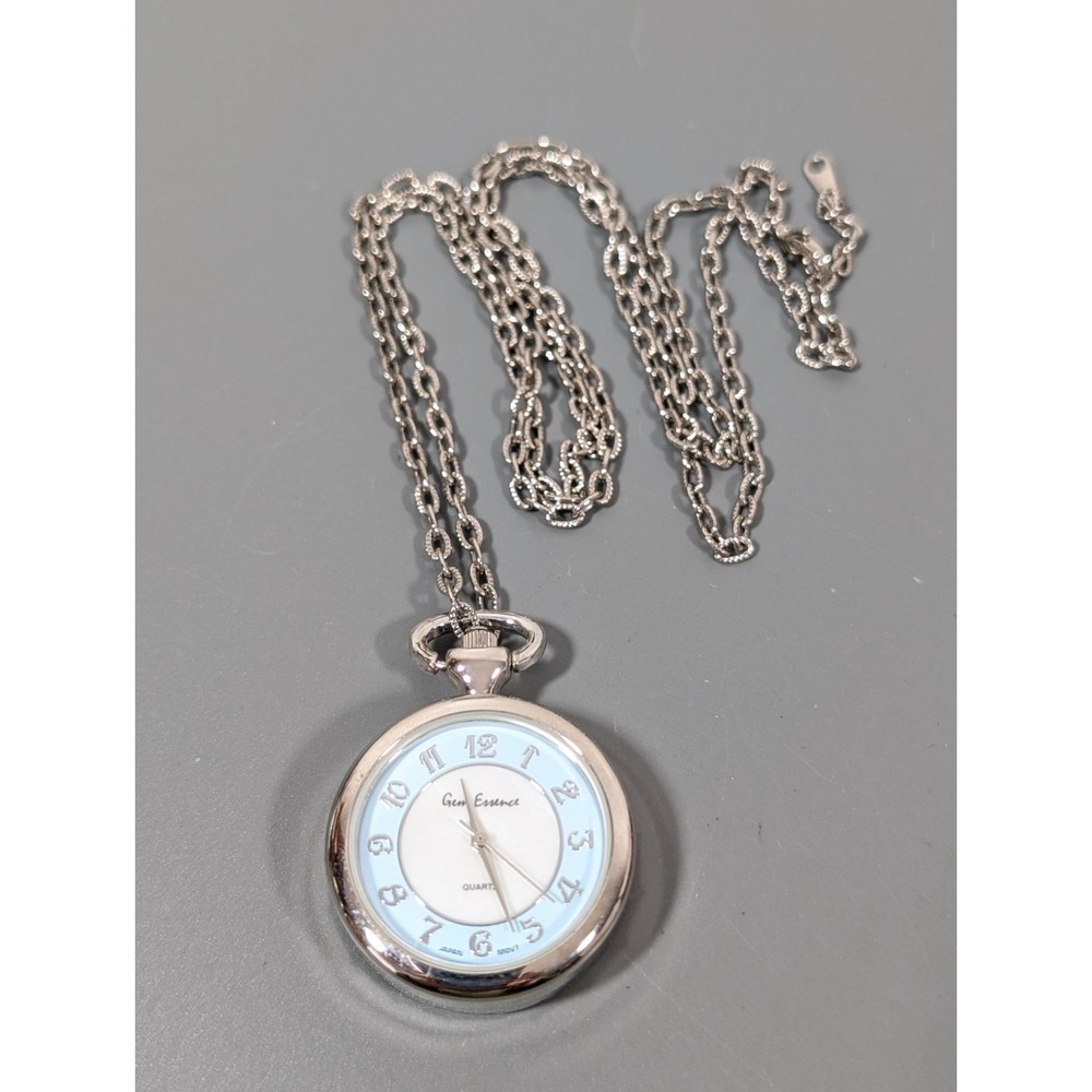 Gem Essence Quartz‎ Pocket Watch Necklace Silver Tone MOP Shell Back 30 in